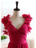 Red Chiffon Flower Decorated Straps Long Prom Dress